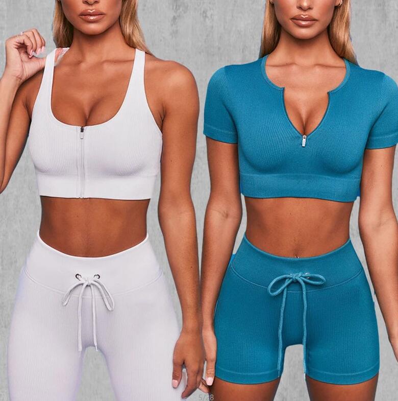 Zip front sports bra and short sleeve cropped shirt with drawstring shorts and leggings set
