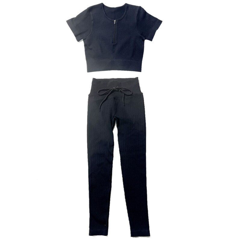 Zip front sports bra and short sleeve cropped shirt with drawstring shorts and leggings set