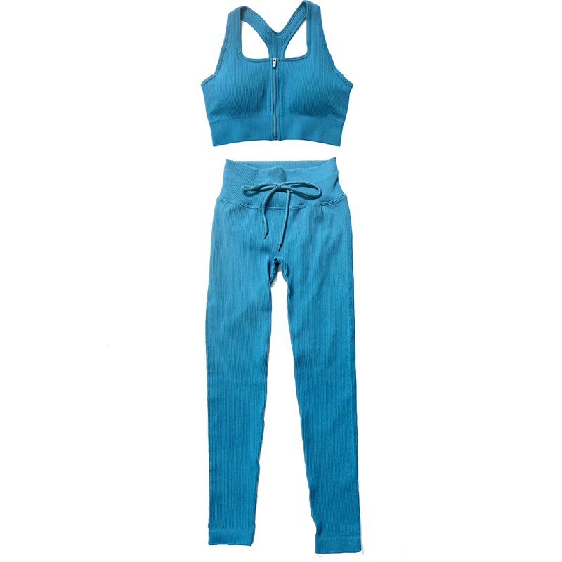 Zip front sports bra and short sleeve cropped shirt with drawstring shorts and leggings set