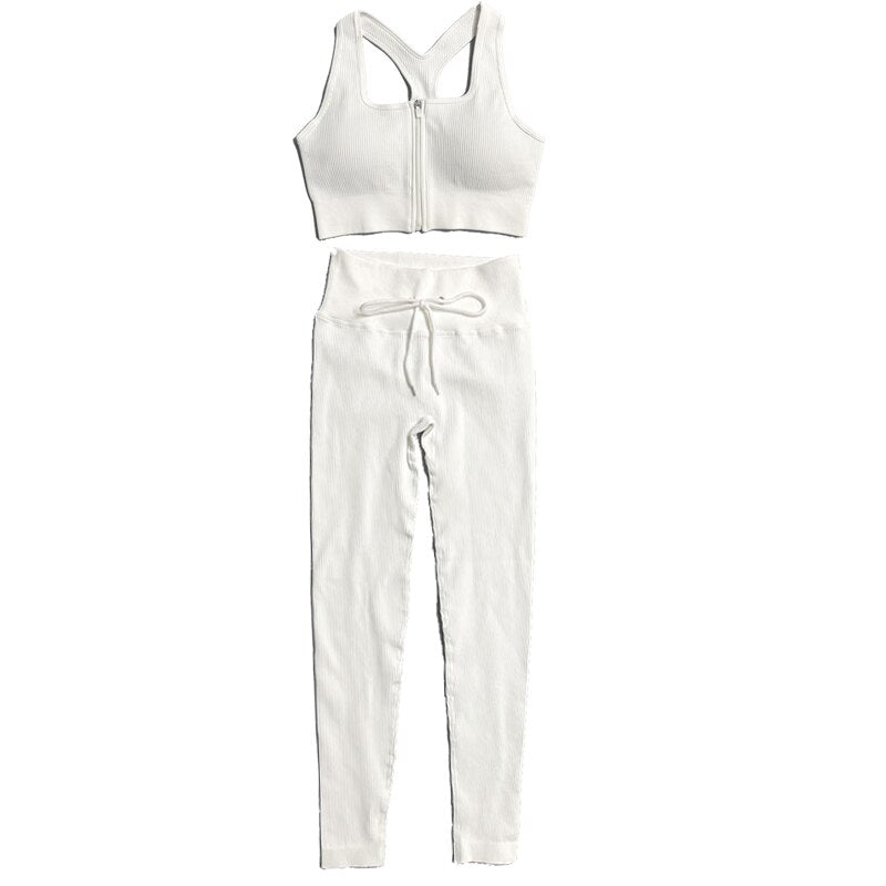 Zip front sports bra and short sleeve cropped shirt with drawstring shorts and leggings set