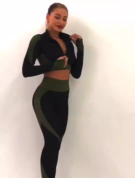 Matching set sports bra, cropped jacket, and leggings