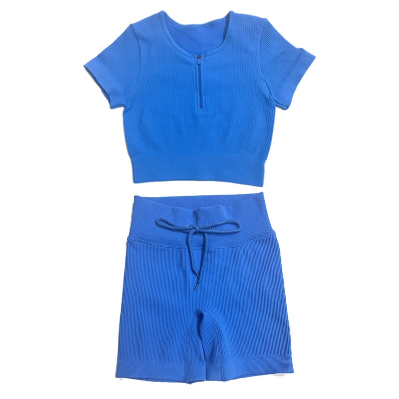 Zip front sports bra and short sleeve cropped shirt with drawstring shorts and leggings set