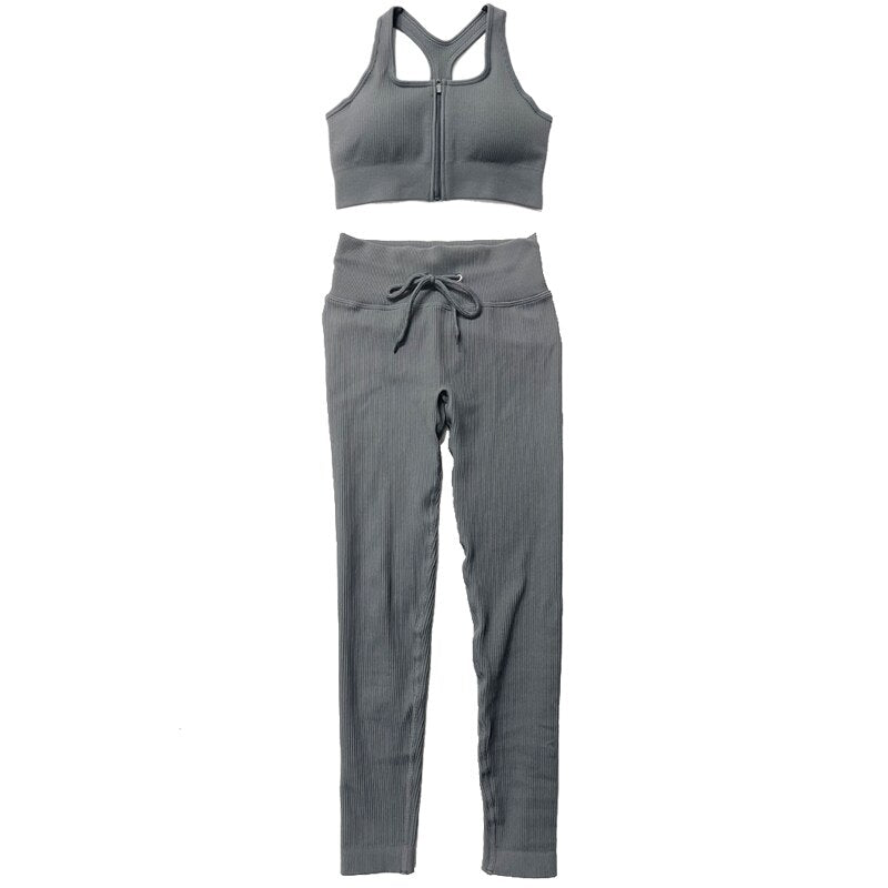 Zip front sports bra and short sleeve cropped shirt with drawstring shorts and leggings set