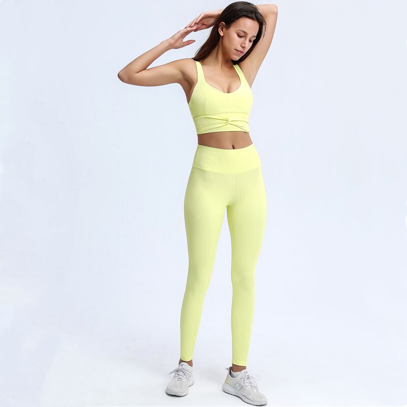 Ribbed Twist Sports Bra & Seamless Leggings 2pcs Set Women