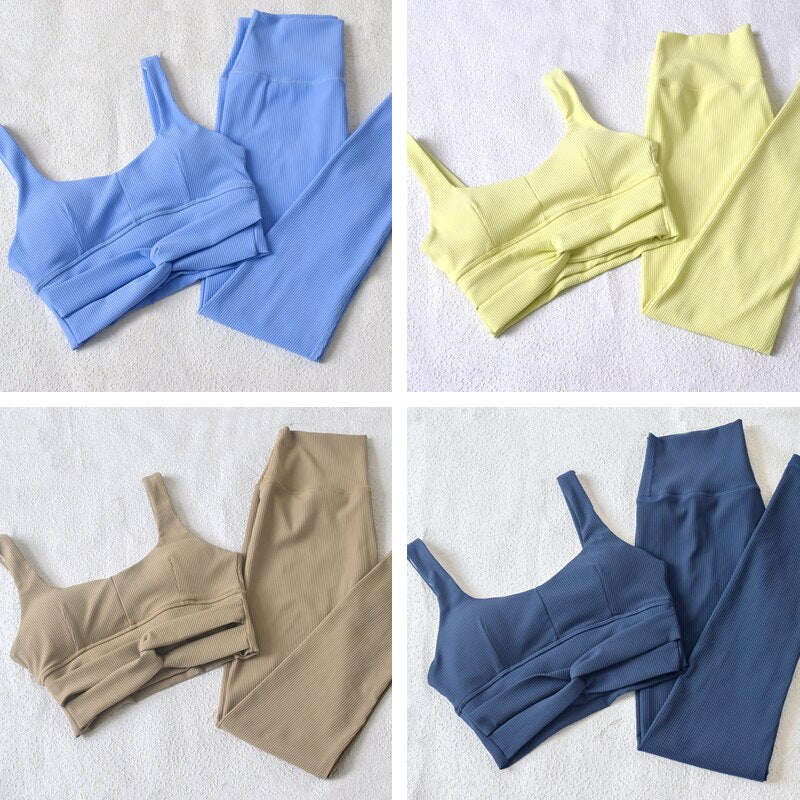 Ribbed Twist Sports Bra & Seamless Leggings 2pcs Set Women