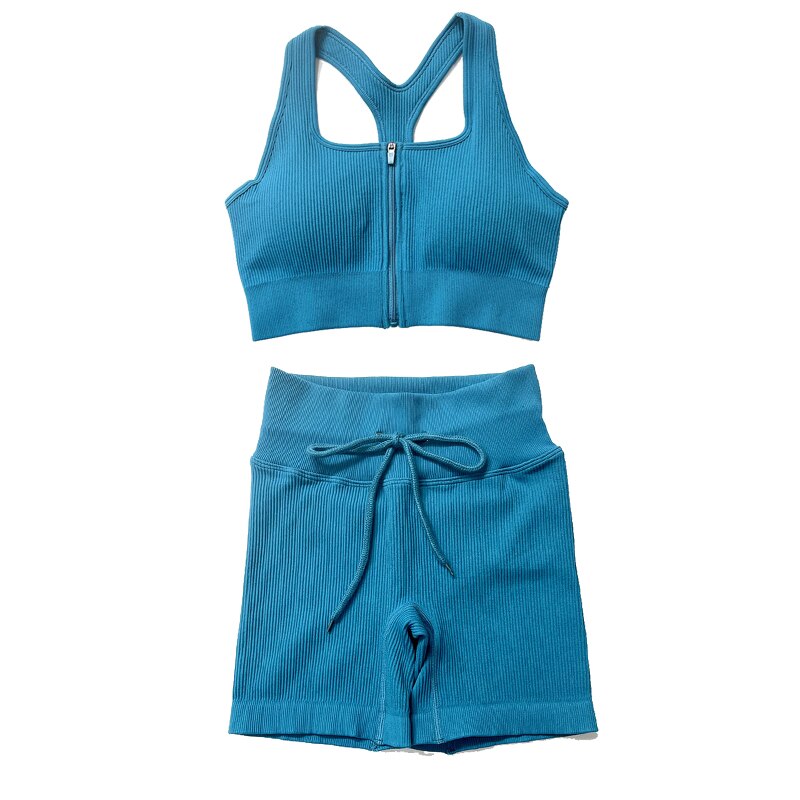 Zip front sports bra and short sleeve cropped shirt with drawstring shorts and leggings set