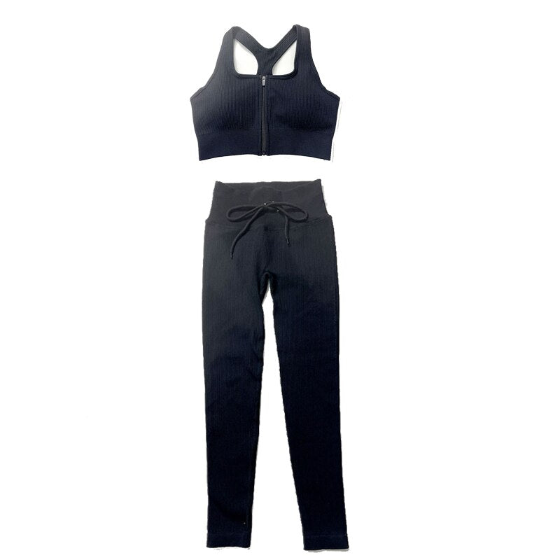 Zip front sports bra and short sleeve cropped shirt with drawstring shorts and leggings set