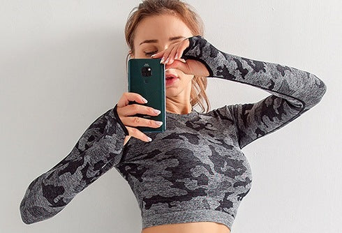 Camouflage 3-piece long sleeved top, sports bra, and leggings