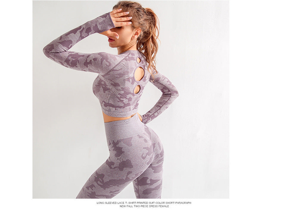 Camouflage 3-piece long sleeved top, sports bra, and leggings