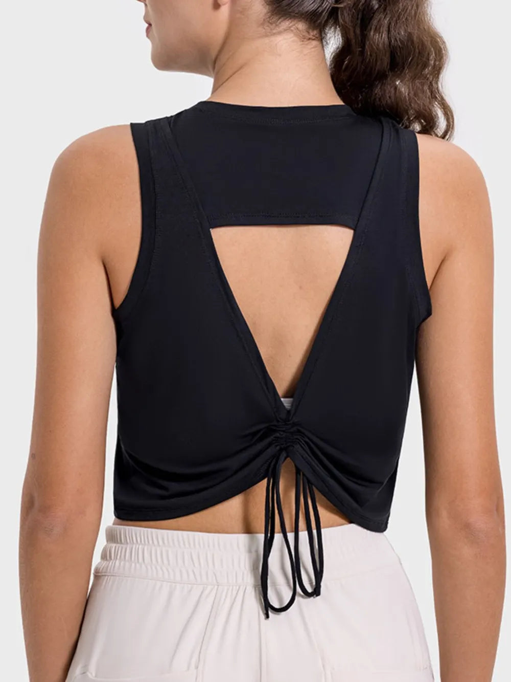 Drawstring Cutout Round Neck Cropped Active Tank