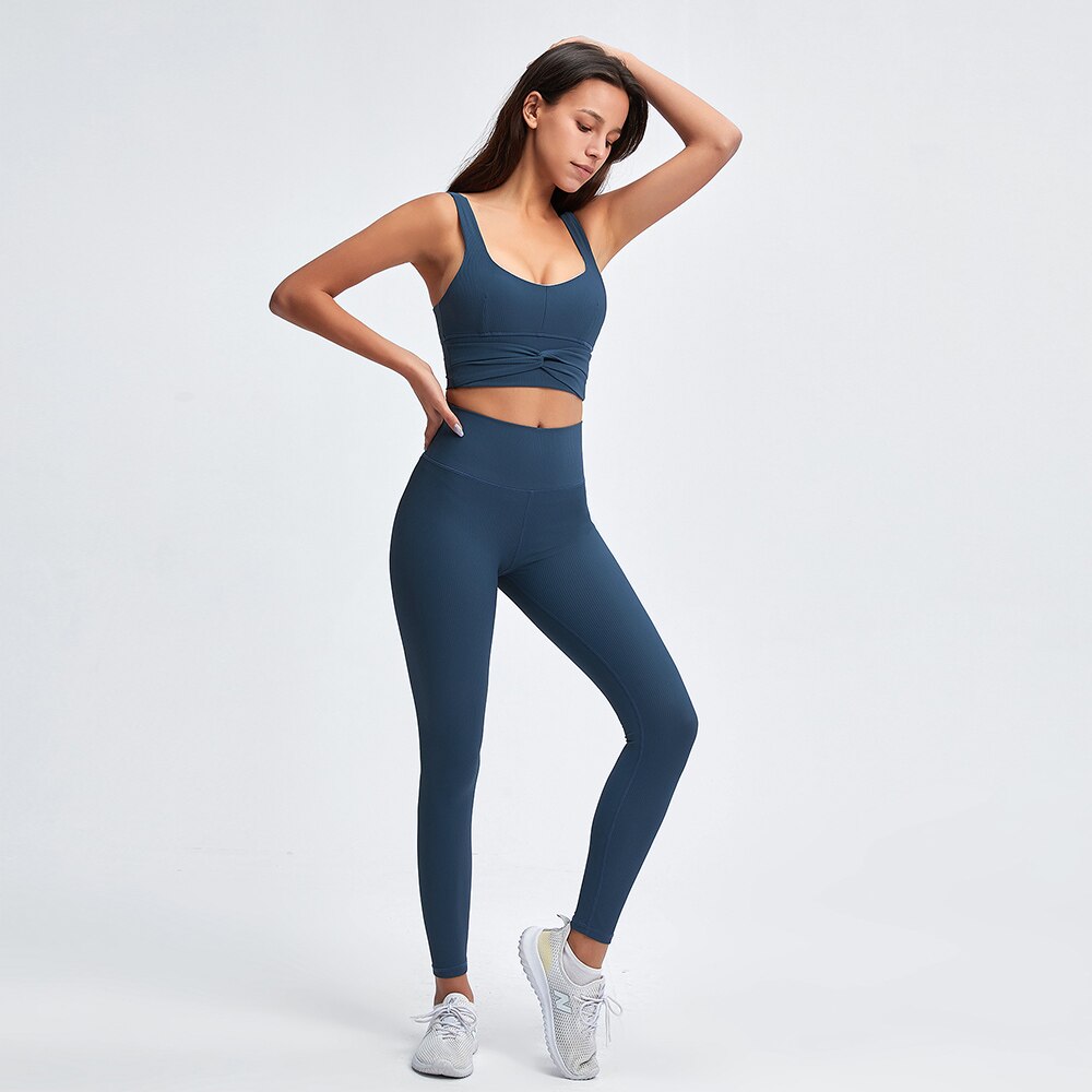 Ribbed Twist Sports Bra & Seamless Leggings 2pcs Set Women