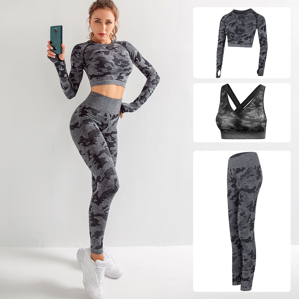 Camouflage 3-piece long sleeved top, sports bra, and leggings