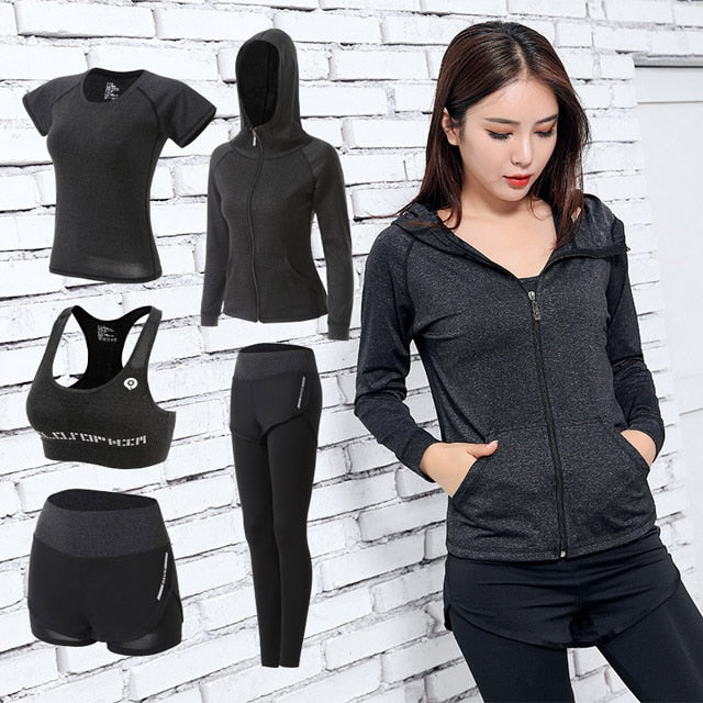 Women 5 Piece Set Short-sleeved shorts long pants Outdoor Sportswear Fitness