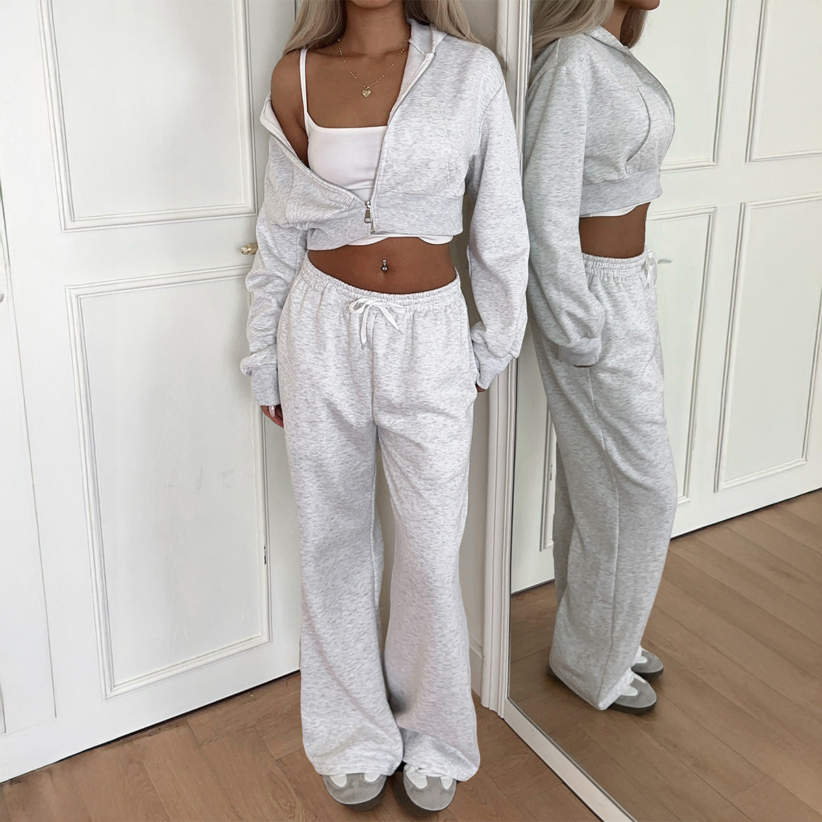 Cropped jacket and wide leg pants set