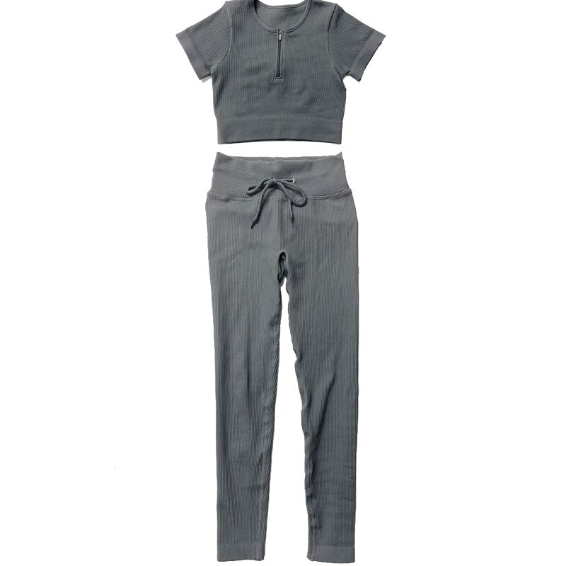 Zip front sports bra and short sleeve cropped shirt with drawstring shorts and leggings set