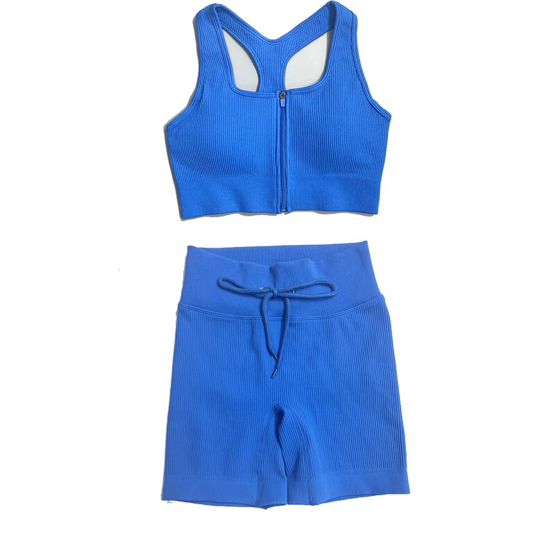 Zip front sports bra and short sleeve cropped shirt with drawstring shorts and leggings set