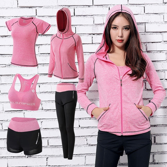 Women 5 Piece Set Short-sleeved shorts long pants Outdoor Sportswear Fitness
