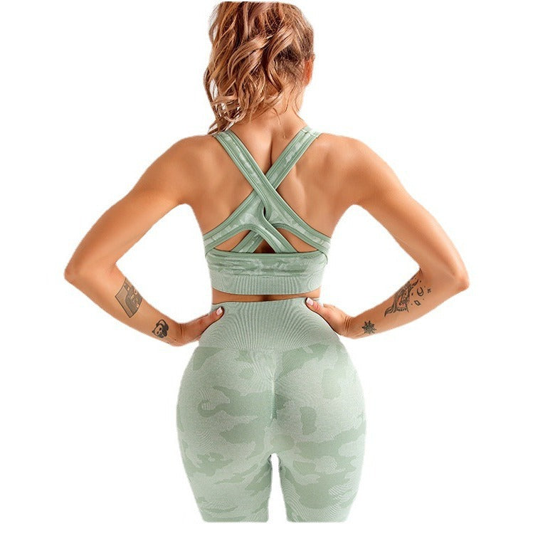 Camouflage 3-piece long sleeved top, sports bra, and leggings