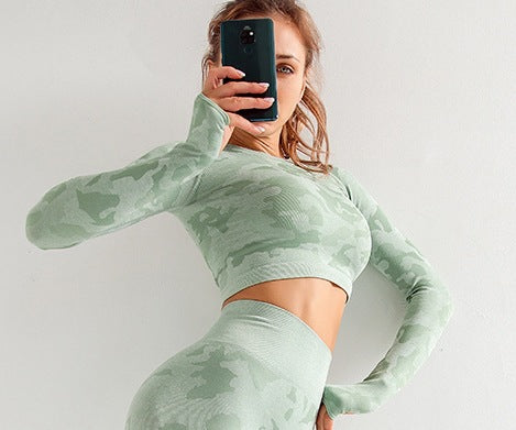 Camouflage 3-piece long sleeved top, sports bra, and leggings