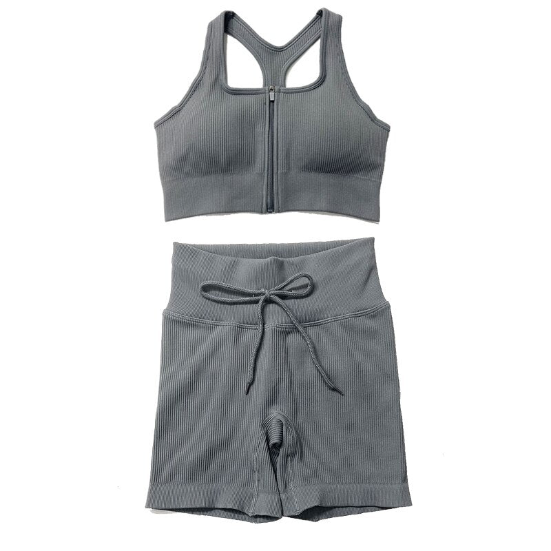 Zip front sports bra and short sleeve cropped shirt with drawstring shorts and leggings set