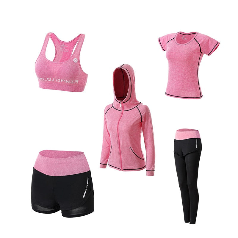Women 5 Piece Set Short-sleeved shorts long pants Outdoor Sportswear Fitness