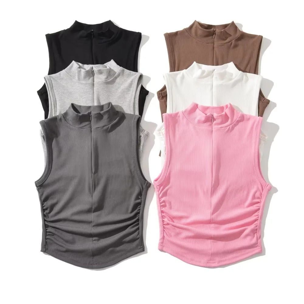 Cropped sleeveless zipper vest