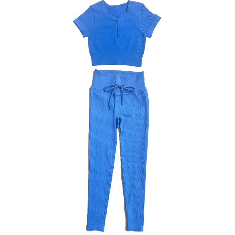 Zip front sports bra and short sleeve cropped shirt with drawstring shorts and leggings set