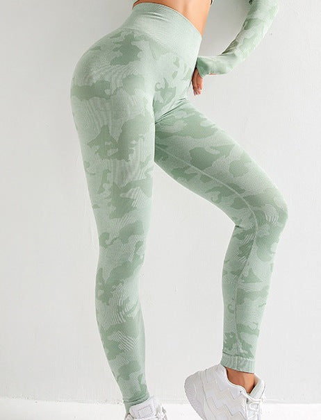 Camouflage 3-piece long sleeved top, sports bra, and leggings
