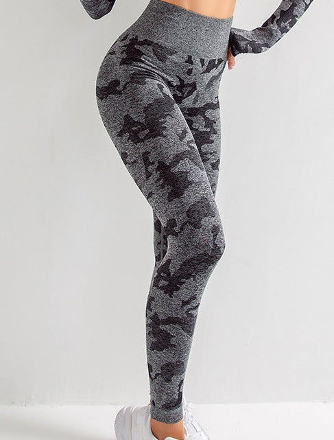 Camouflage 3-piece long sleeved top, sports bra, and leggings
