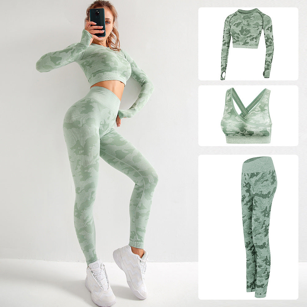 Camouflage 3-piece long sleeved top, sports bra, and leggings