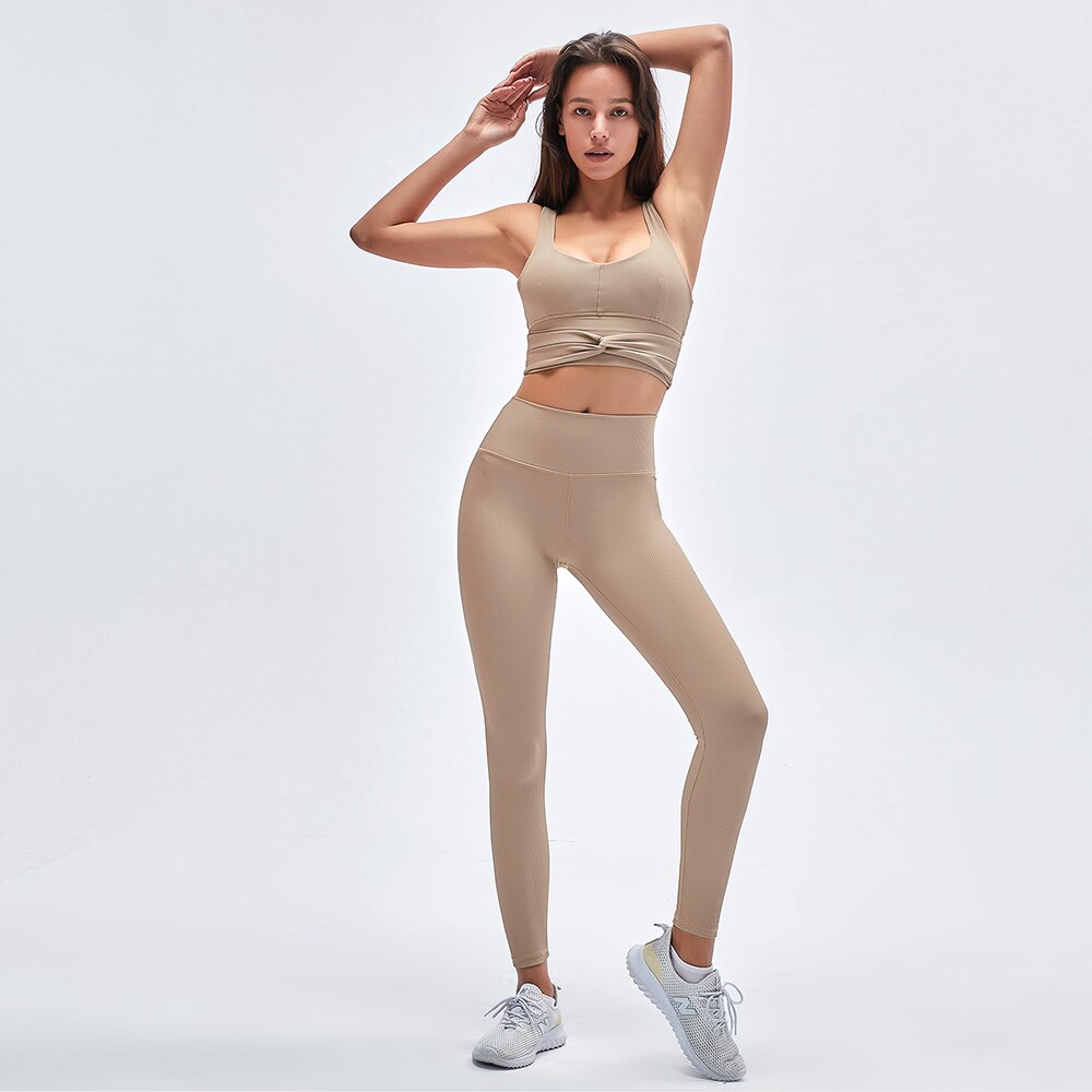 Ribbed Twist Sports Bra & Seamless Leggings 2pcs Set Women
