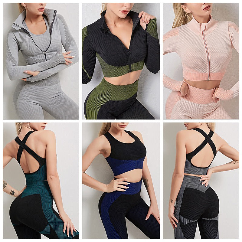 Matching set sports bra, cropped jacket, and leggings