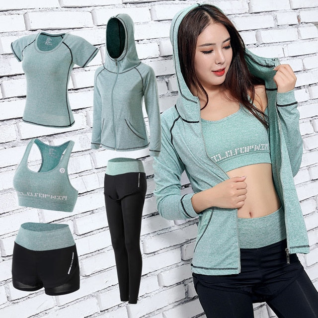 Women 5 Piece Set Short-sleeved shorts long pants Outdoor Sportswear Fitness