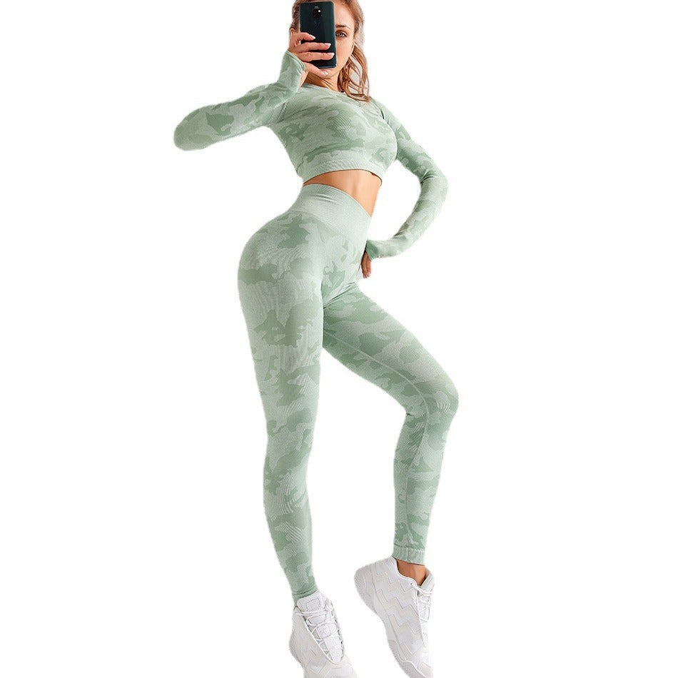 Camouflage 3-piece long sleeved top, sports bra, and leggings