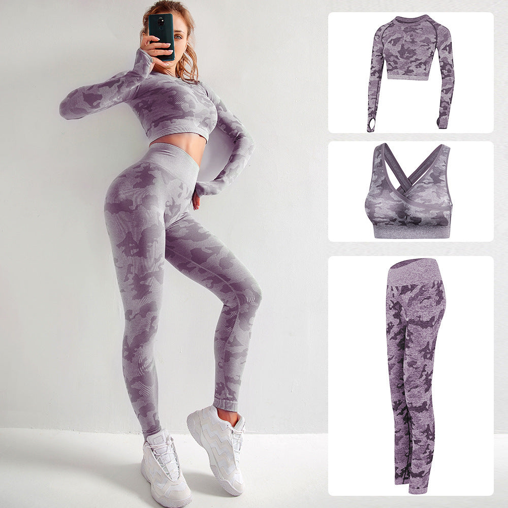 Camouflage 3-piece long sleeved top, sports bra, and leggings